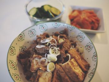 High angle view of food in plate on table