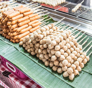 High angle view of food on banana leaves