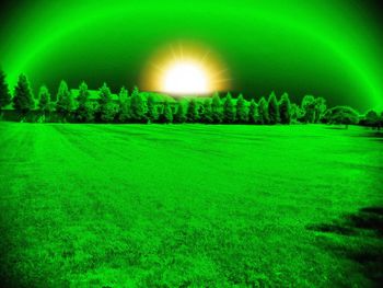 Illuminated field against sky at night