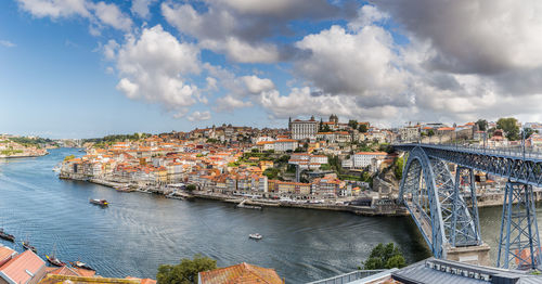 High angle view of bridge over river in city against sky