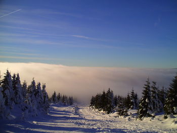 Scenic view of snow covered landscape against sky