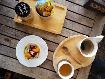 High angle view of breakfast served on table