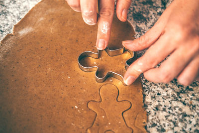 A mom and her son engage in the delightful task of preparing christmas gingerbread