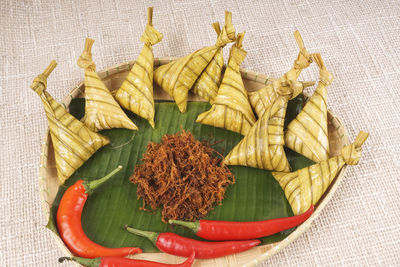 High angle view of leaves on table