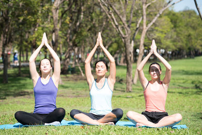 People doing yoga in park