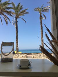 Palm trees by sea against clear sky