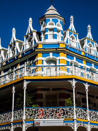 Low angle view of temple building against blue sky