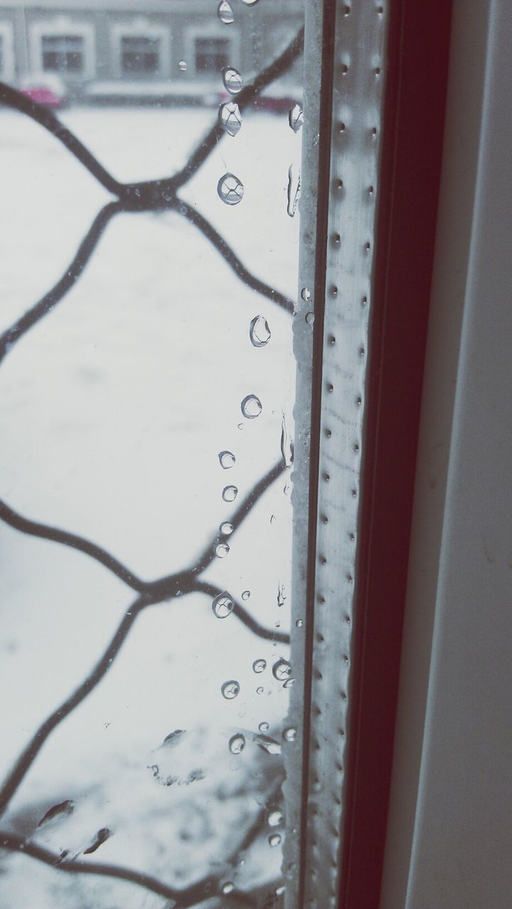 indoors, window, glass - material, transparent, close-up, drop, water, wet, metal, reflection, full frame, rain, backgrounds, focus on foreground, pattern, day, no people, door, detail, glass