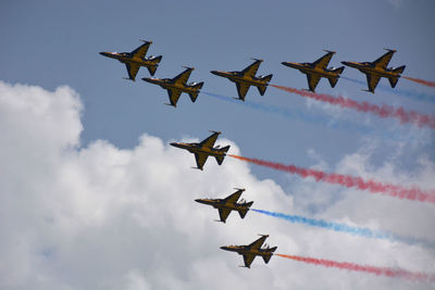 Low angle view of airplane flying against sky