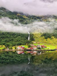 Scenic view of lake by buildings against sky