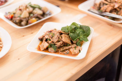 High angle view of food in plate on table