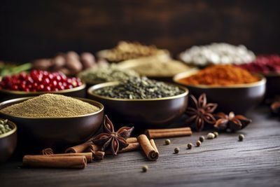 High angle view of spices in bowls on table