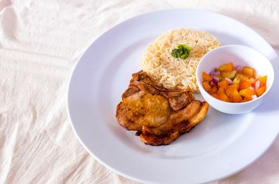 High angle view of food in plate on table