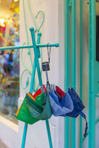 Close-up of clothespins on clothesline