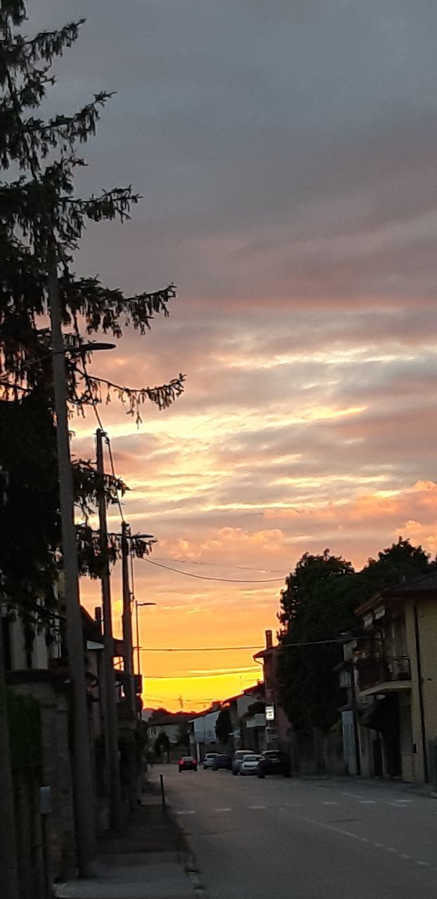 SILHOUETTE TREES BY STREET AGAINST SKY DURING SUNSET