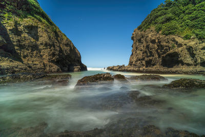 Scenic view of waterfall against sky