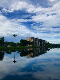 Reflection of building in lake against sky