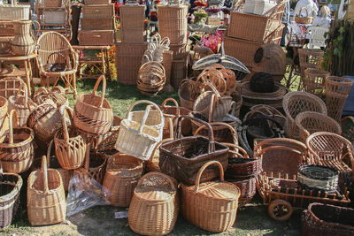 High angle view of wicker baskets for sale at market stall