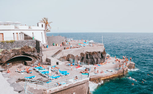 Panoramic view of sea against clear sky