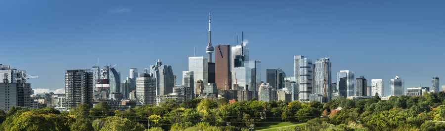 Panoramic view of modern buildings against clear sky