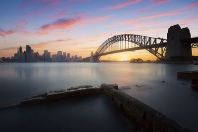 Cityscape of sydney city and sydney harbour bridge at sunset in new south wales, australia