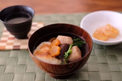 Close-up of soup in bowl on table
