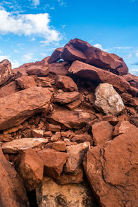 Low angle view of rocks on mountain against sky