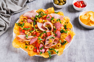 High angle view of food on table