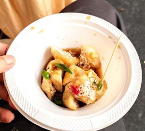 High angle view of food in plate on table