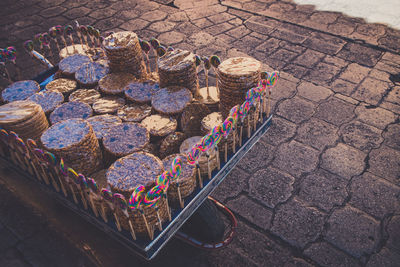 High angle view of food on cart fro sale