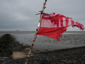 Red flag hanging on rope at beach against sky