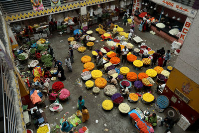 High angle view of people walking on street