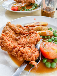 High angle view of breakfast served on table