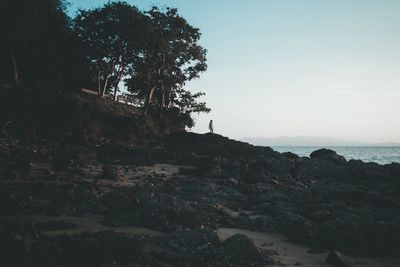 Scenic view of cliff by sea against sky