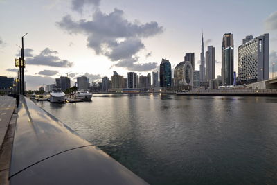 Dubai, uae  dubai skyline from marasi st, dubai business bay, dubai canal, near burj khalifa 