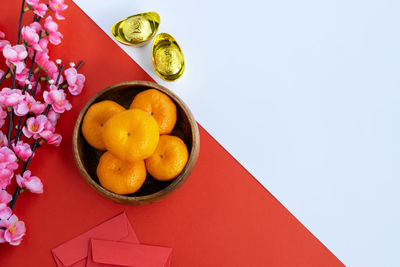 High angle view of fruits in bowl on table