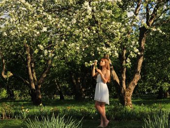 Full length of young woman standing by flowering tree on field