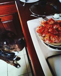 High angle view of food on table at home