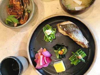 High angle view of fish in bowl on table