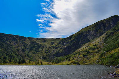 Scenic view of lake by mountains against sky