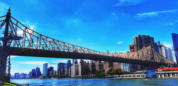 View of suspension bridge with city in background