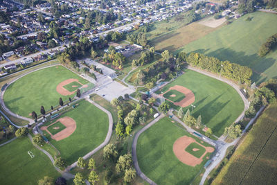 Aerial view of baseball fields and parkland.