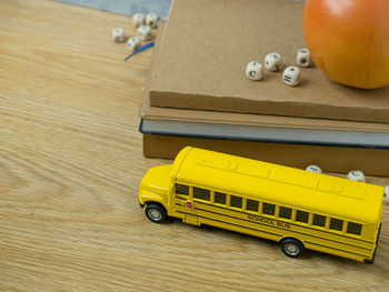 High angle view of toy car on table
