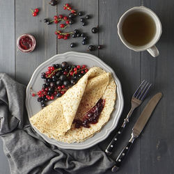 High angle view of breakfast on table