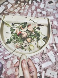 Directly above shot of hand holding ice cream in plate