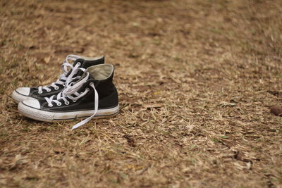 Close-up of shoes on field