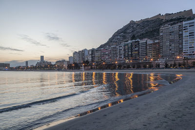City at waterfront during sunset