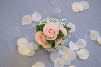 High angle view of rose bouquet on table