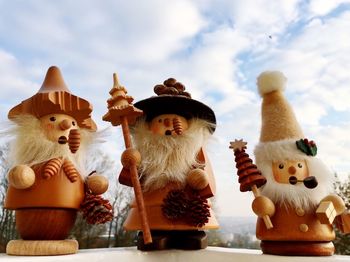 Close-up of decorations against sky