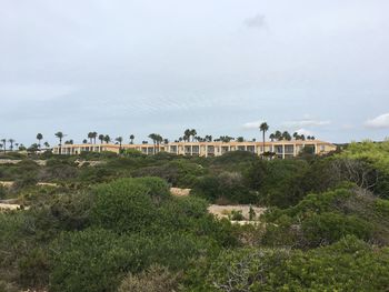 Houses on field by buildings against sky